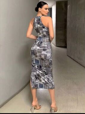 SHEIN Gray Patchwork Racerback Midi Dress